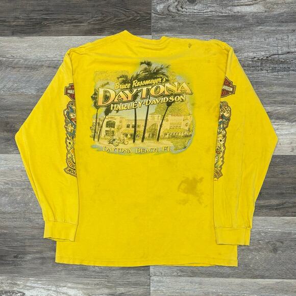 2000s Harley Davidson Jester Jack Sleeve Beach FL Yellow Mens‎ L T-Shirt Y2K - Picture 2 of 5